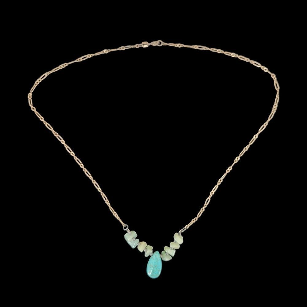 Vintage Sterling Silver 925 Necklace with Turquoise Pendant and Beads Chain